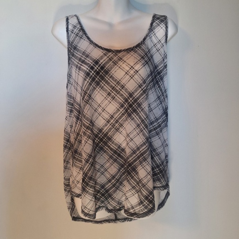 Plaid Scoop‎ Neck Tank Top Gray White Checkered Curved Hem Size Small